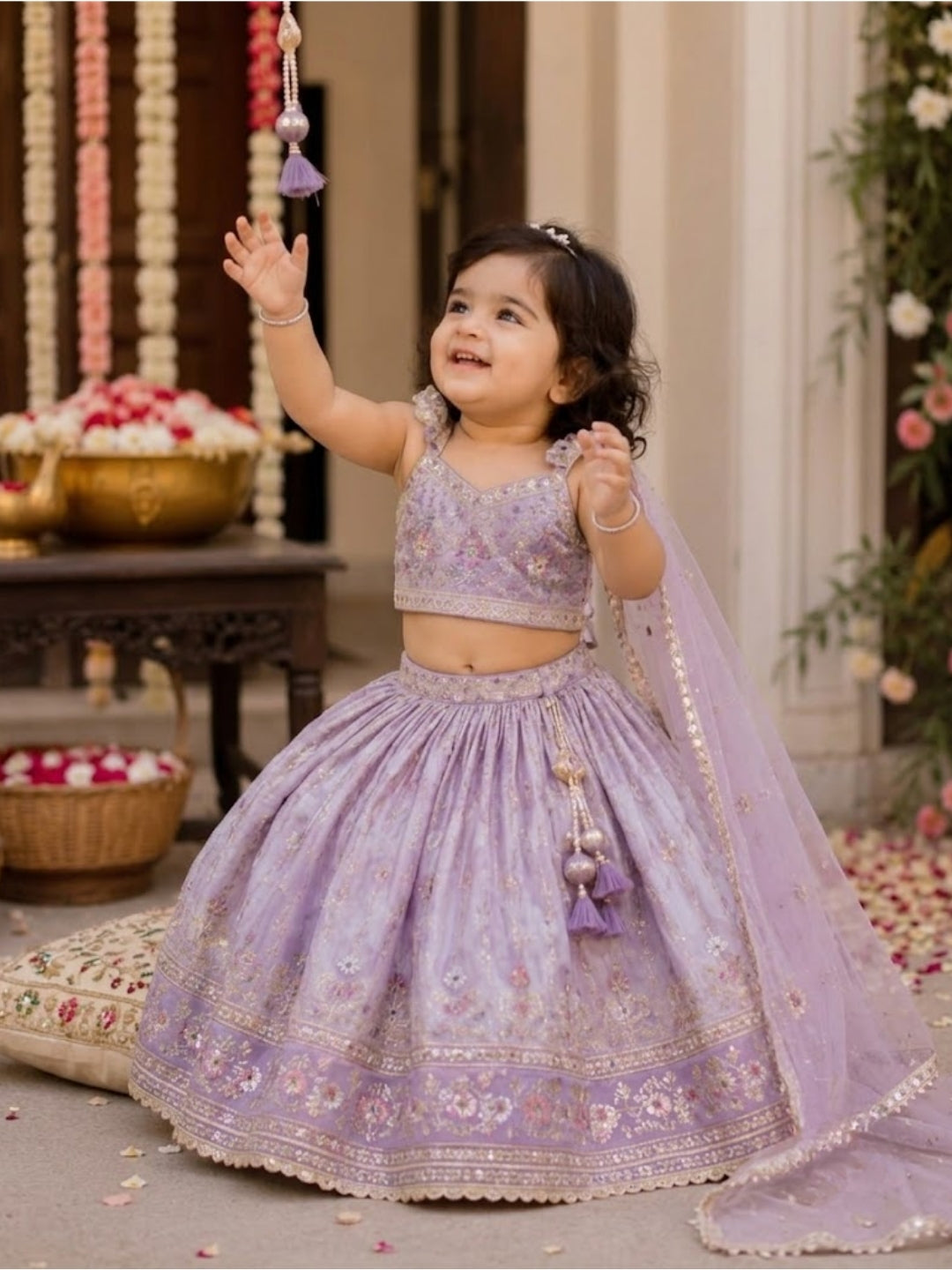 Girls Lavender Floral Embroidered Lehenga Choli with Dupatta | Kids Designer Party Wear Ethnic Set | Festive & Wedding Outfit (1–8 Years)