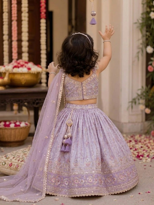 Girls Lavender Floral Lehenga Choli | Embroidered Dupatta