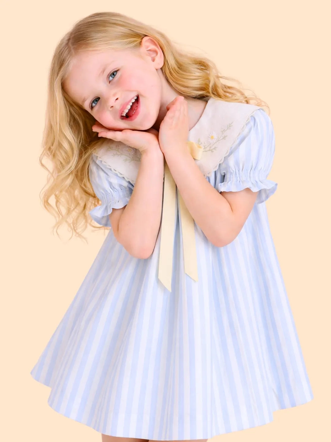 Girls Blue Striped Dress with Embroidered Collar | Cute Bow Casual Dress for Kids (2-6 Years)