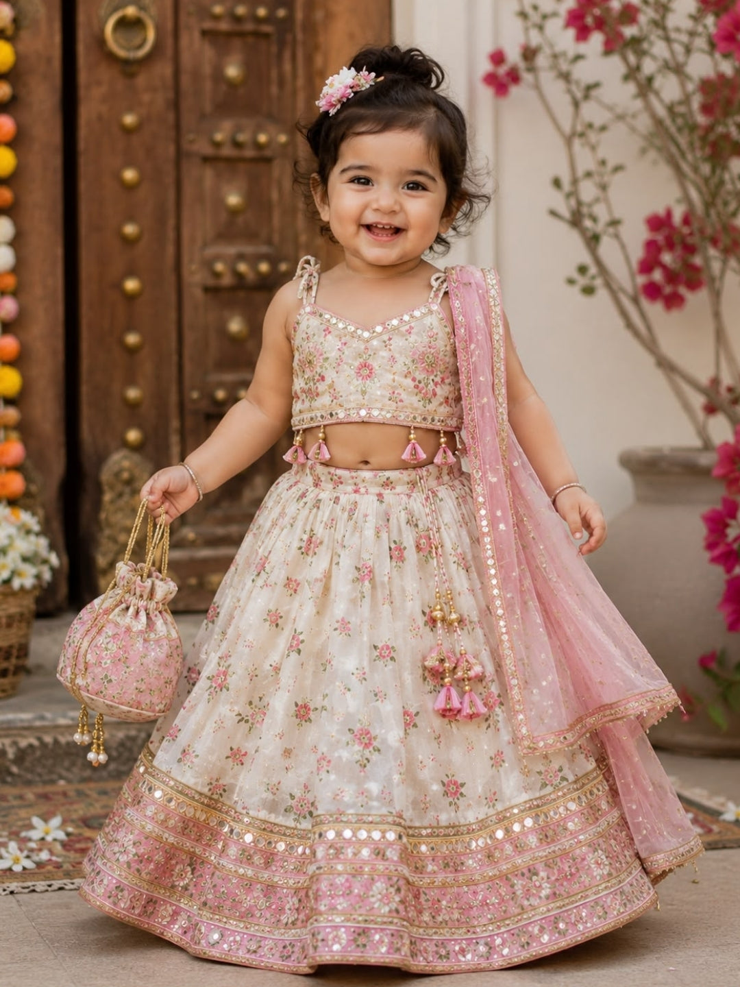 Baby Girls Ivory & Pink Floral Printed Lehenga Choli with Net Dupatta & Potli Bag | Designer Party Wear Ethnic Set | Festive Wedding Outfit (1–8 Years)