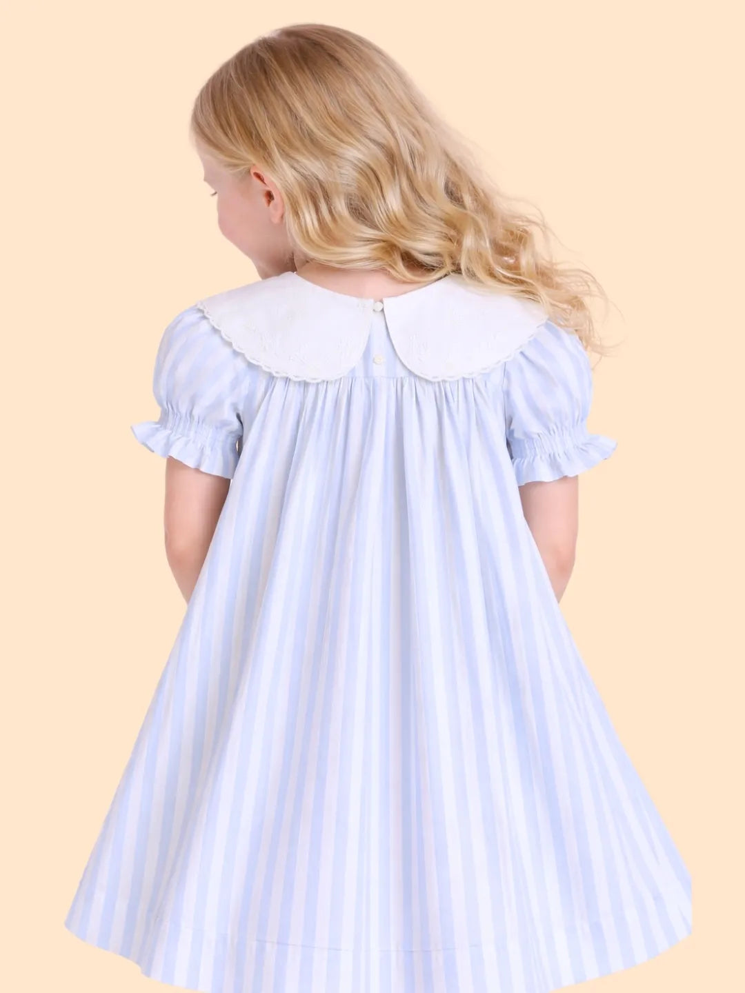 Girls Blue Striped Dress with Embroidered Collar | Cute Bow Casual Dress for Kids (2-6 Years)