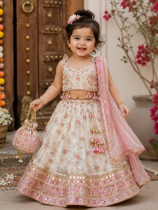 Baby Girls Ivory & Pink Floral Printed Lehenga Choli with Net Dupatta & Potli Bag | Designer Party Wear Ethnic Set | Festive Wedding Outfit (1–8 Years)