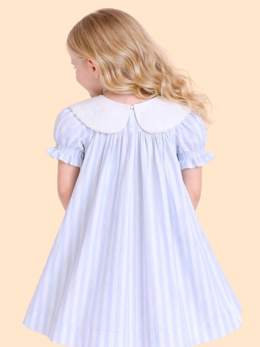 Girls Blue Striped Dress with Embroidered Collar | Cute Bow Casual Dress for Kids (2-6 Years)