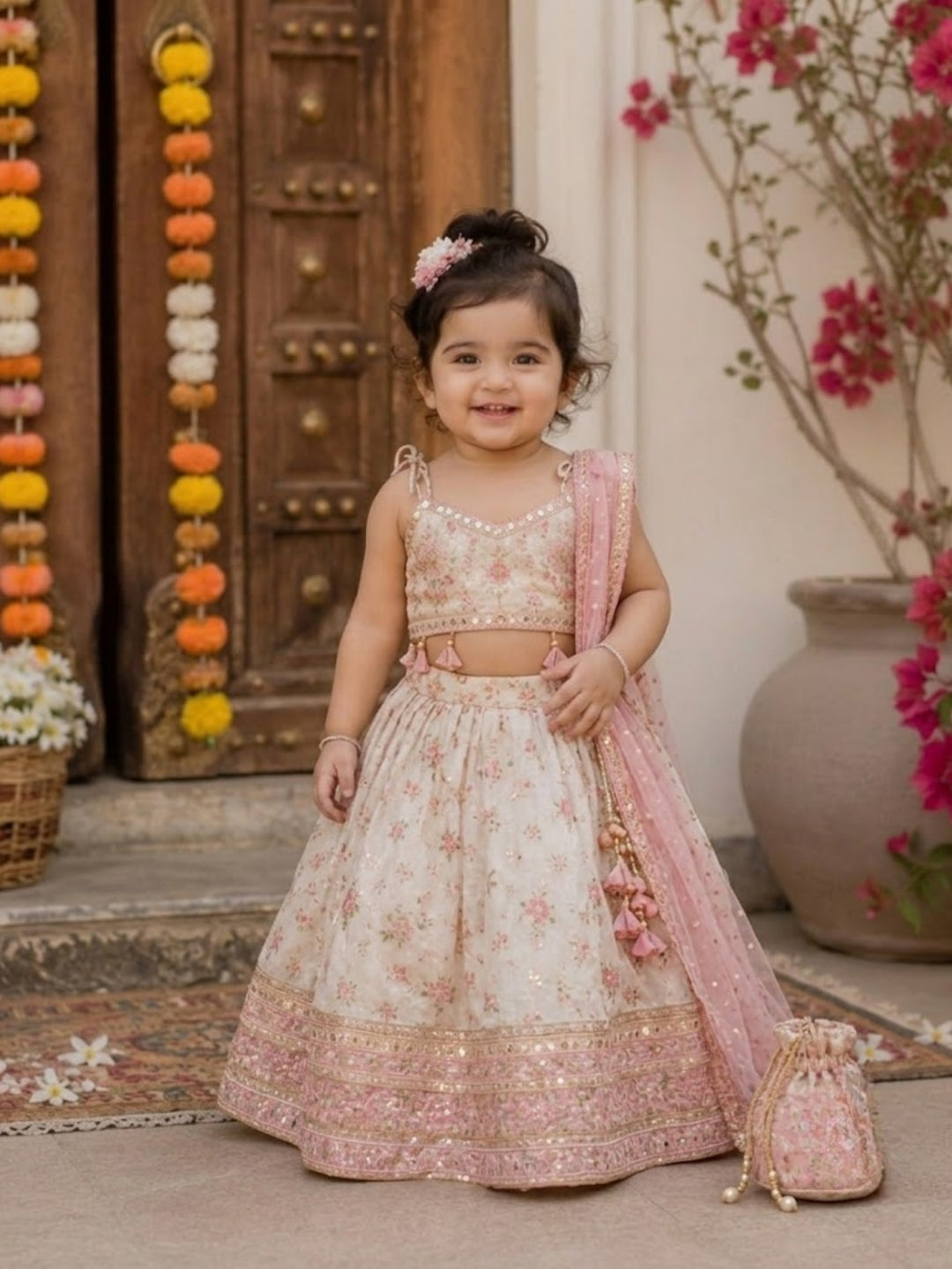 Baby Girls Ivory & Pink Floral Printed Lehenga Choli with Net Dupatta & Potli Bag | Designer Party Wear Ethnic Set | Festive Wedding Outfit (1–8 Years)
