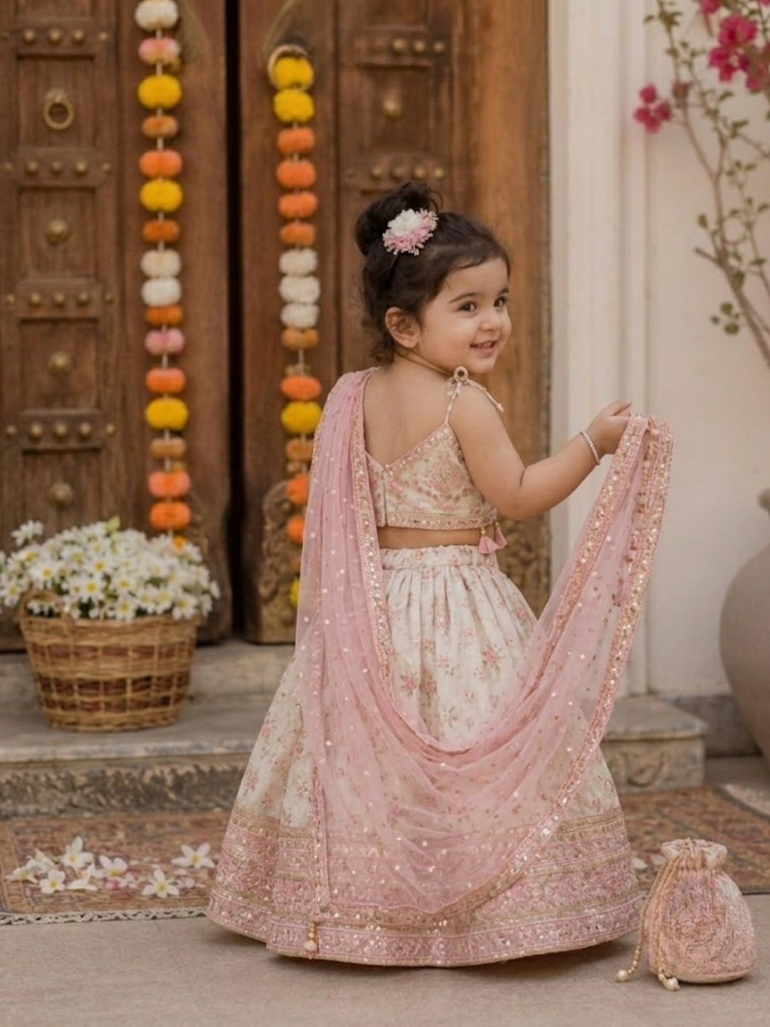 Baby Girls Ivory & Pink Floral Printed Lehenga Choli with Net Dupatta & Potli Bag | Designer Party Wear Ethnic Set | Festive Wedding Outfit (1–8 Years)