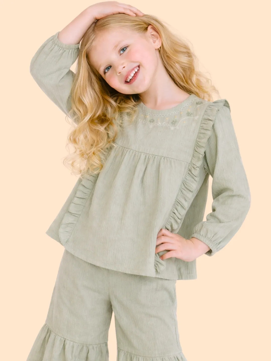 Girls Olive Green Ruffle Co-ord Set | Embroidered Top & Flared Pants Outfit (2-6 Years)