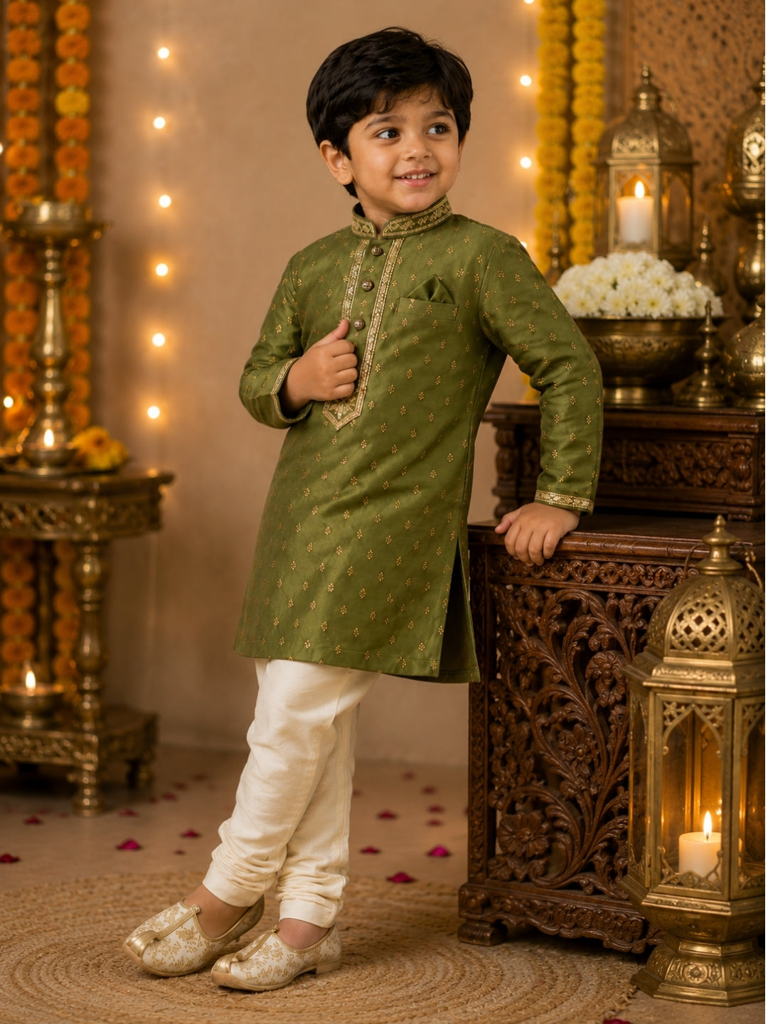 Boys Olive Green Embroidered Kurta Pajama Set | Premium Ethnic Wear for Kids | Festive, Wedding & Party Outfit (1–8 Years)