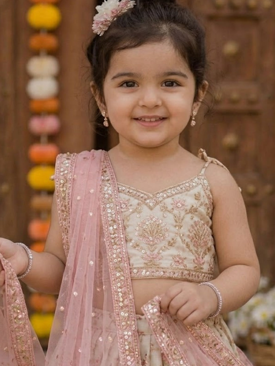 Baby Girls Ivory & Pink Floral Printed Lehenga Choli with Net Dupatta & Potli Bag | Designer Party Wear Ethnic Set | Festive Wedding Outfit (1–8 Years)