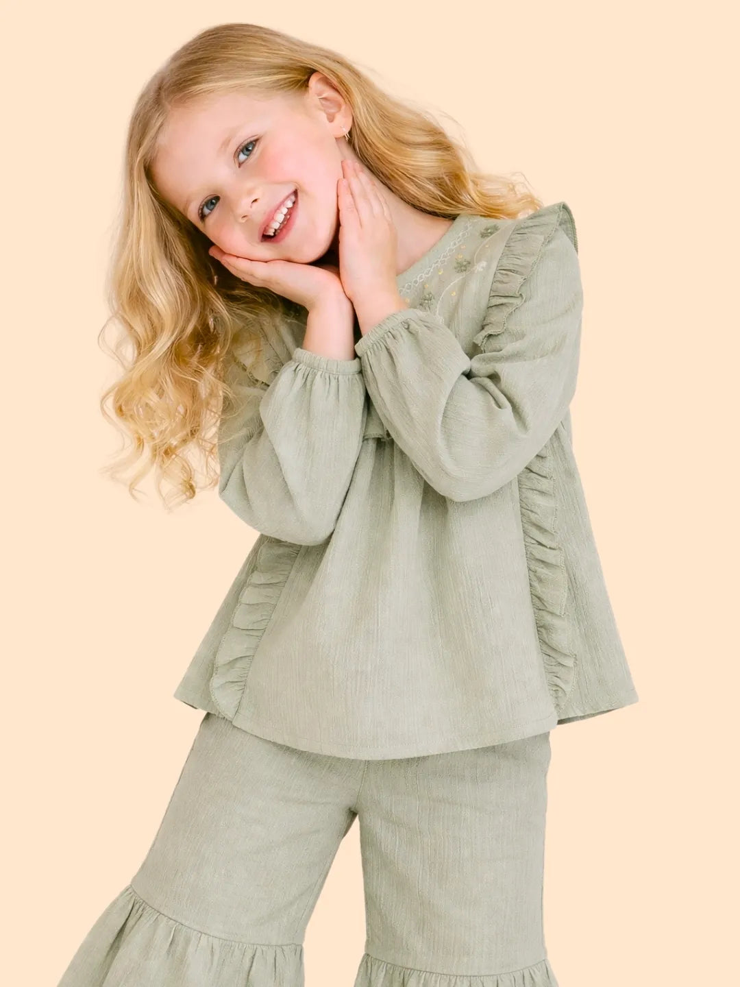 Girls Olive Green Ruffle Co-ord Set | Embroidered Top & Flared Pants Outfit (2-6 Years)