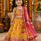 Baby Girls Yellow Floral Printed Lehenga Choli with Pink Net Dupatta | Mirror Work Designer Party Wear Ethnic Set | Festive Wedding Outfit (1–8 Years)
