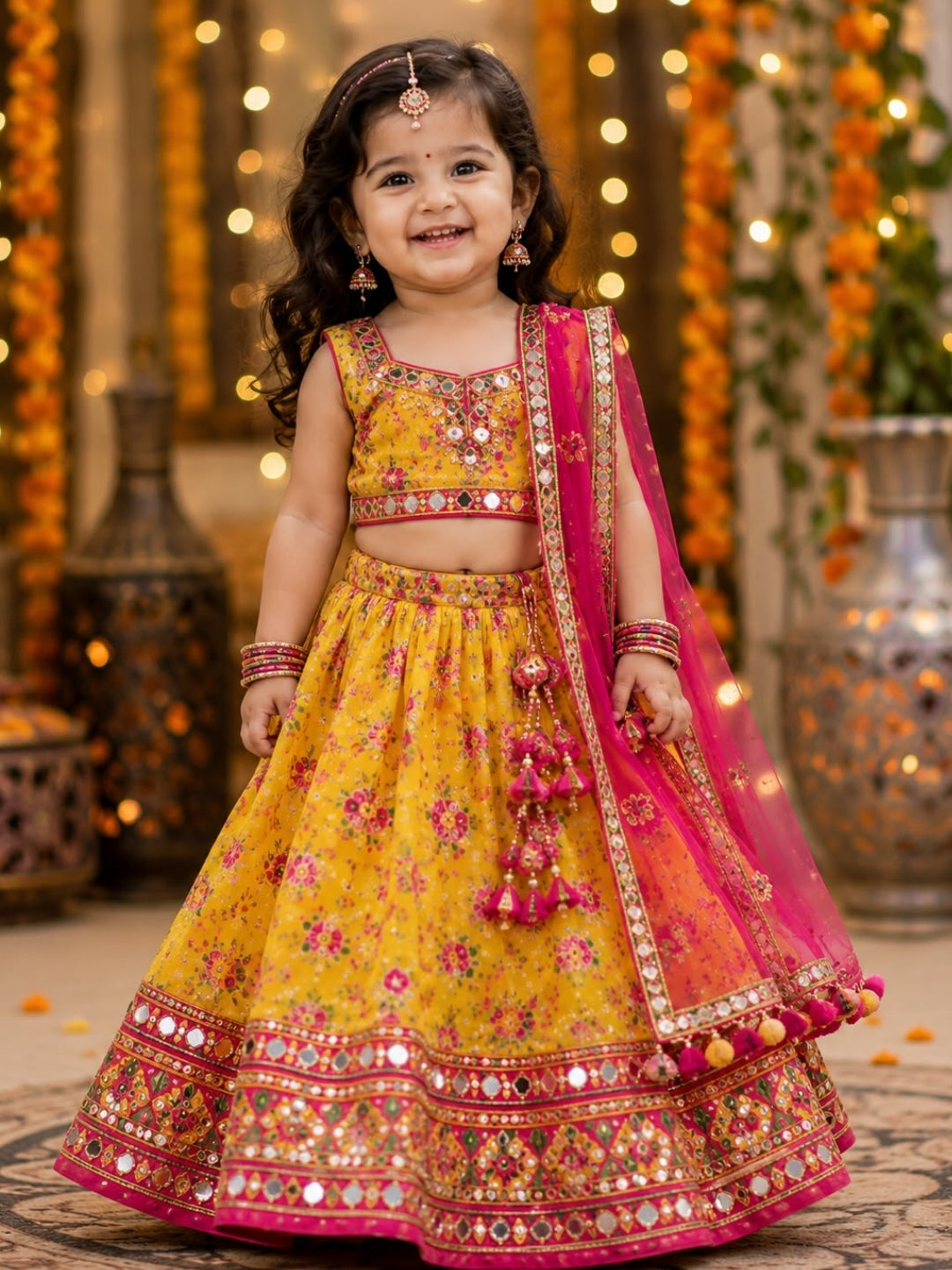 Baby Girls Yellow Floral Printed Lehenga Choli with Pink Net Dupatta | Mirror Work Designer Party Wear Ethnic Set | Festive Wedding Outfit (1–8 Years)