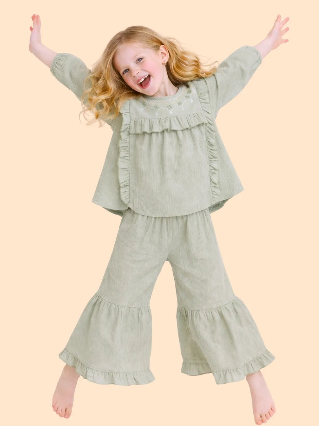 Girls Olive Green Ruffle Co-ord Set | Embroidered Top & Flared Pants Outfit (2-6 Years)
