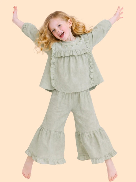 Girls Olive Green Ruffle Co-ord Set | Embroidered Top & Flared Pants Outfit (2-6 Years)