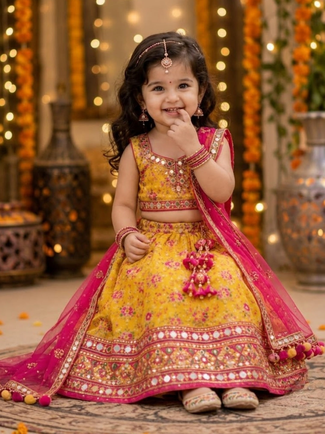 Baby Girls Yellow Floral Printed Lehenga Choli with Pink Net Dupatta | Mirror Work Designer Party Wear Ethnic Set | Festive Wedding Outfit (1–8 Years)