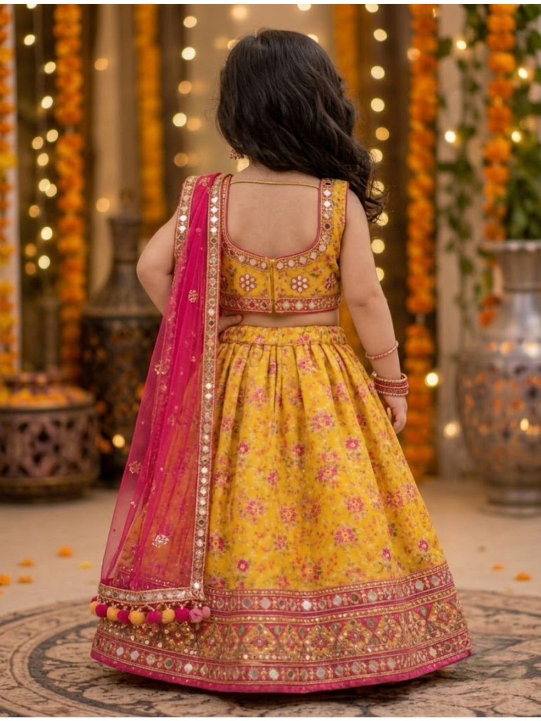 Baby Girls Yellow Floral Printed Lehenga Choli with Pink Net Dupatta | Mirror Work Designer Party Wear Ethnic Set | Festive Wedding Outfit (1–8 Years)