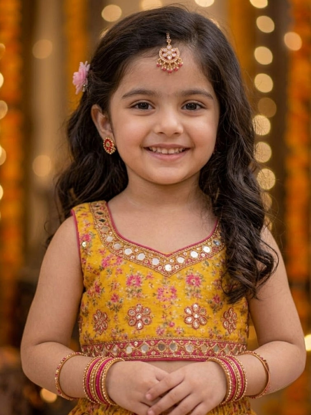 Baby Girls Yellow Floral Printed Lehenga Choli with Pink Net Dupatta | Mirror Work Designer Party Wear Ethnic Set | Festive Wedding Outfit (1–8 Years)