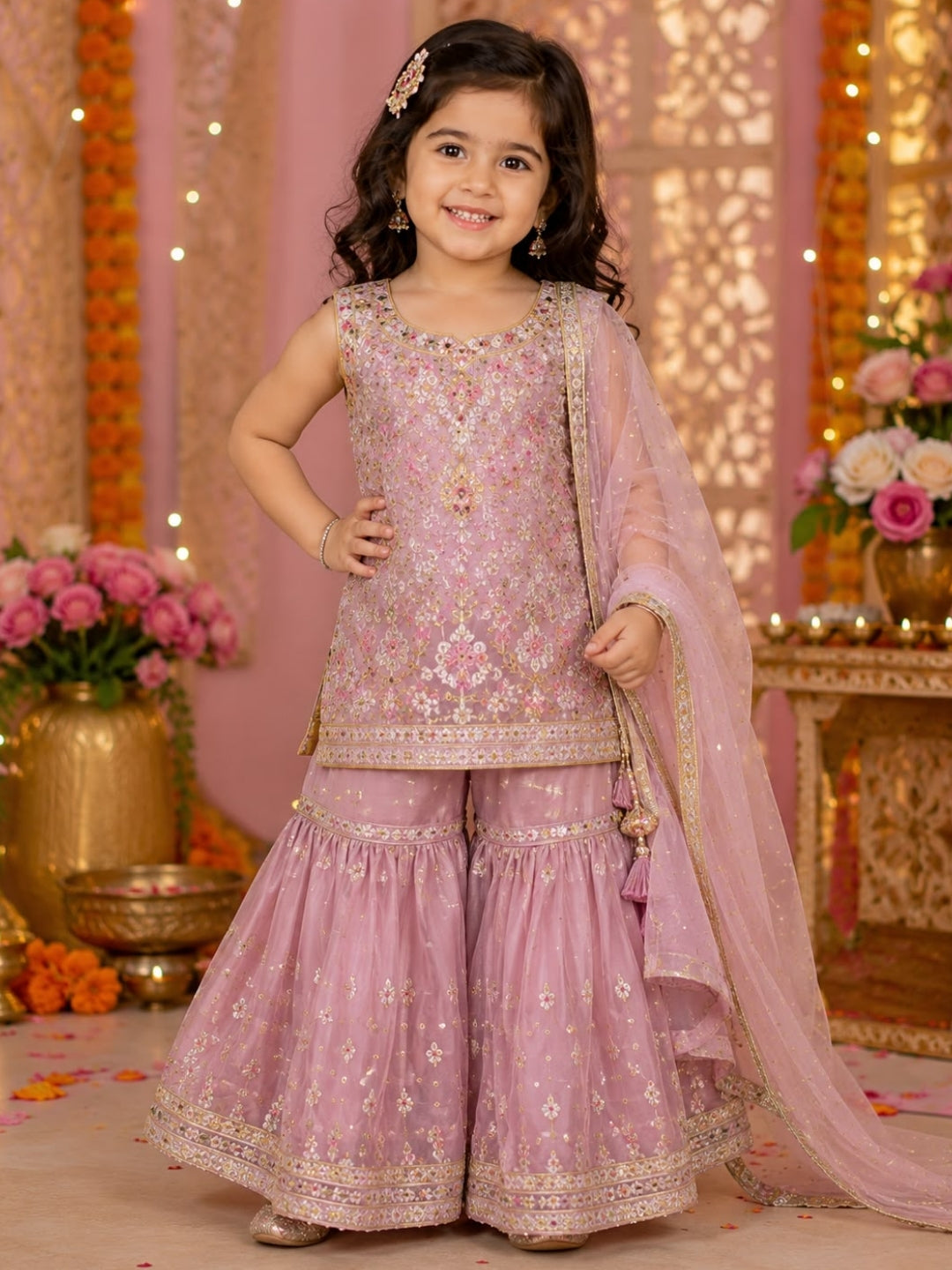Girls Lavender Embroidered Sharara Suit with Net Dupatta | Designer Party Wear Ethnic Set | Festive Wedding Outfit for Girls (1–8 Years)