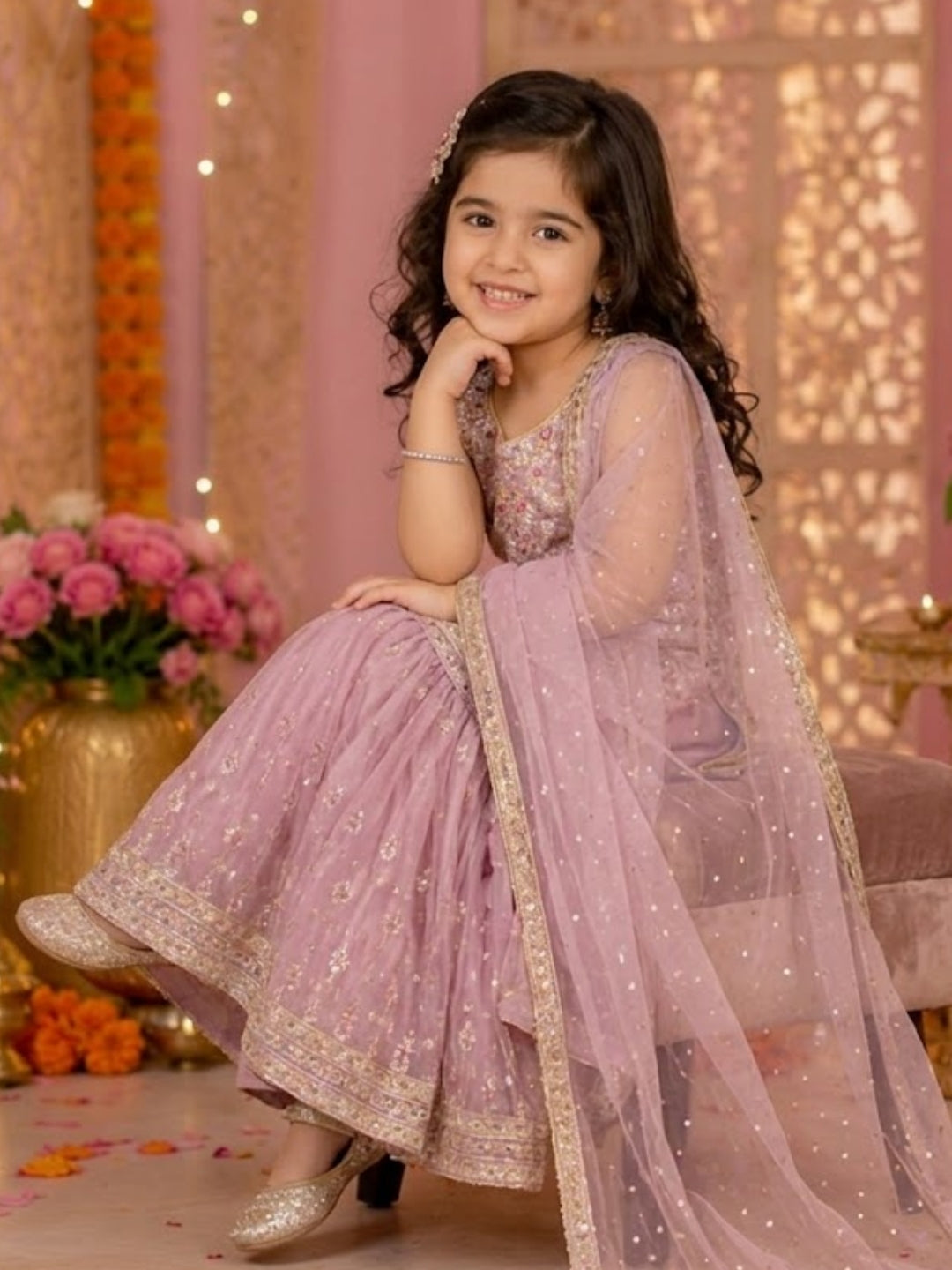 Girls Lavender Embroidered Sharara Suit with Net Dupatta | Designer Party Wear Ethnic Set | Festive Wedding Outfit for Girls (1–8 Years)