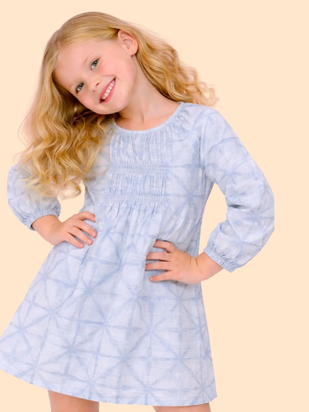 Girls Sky Blue Printed Smocked Dress | Soft Cotton Casual & Party Wear Dress (2-6 Years)