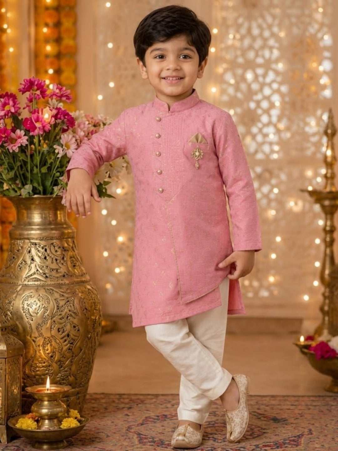 Boys Pink Asymmetric Kurta Pajama Set | Designer Ethnic Party Wear for Kids | Festive Wedding Traditional Outfit (1–8 Years)