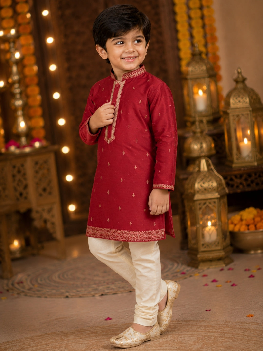 Boys Maroon Embroidered Kurta Pajama Set | Premium Festive Ethnic Wear for Kids | Wedding, Diwali & Party Outfit (1–8 Years)