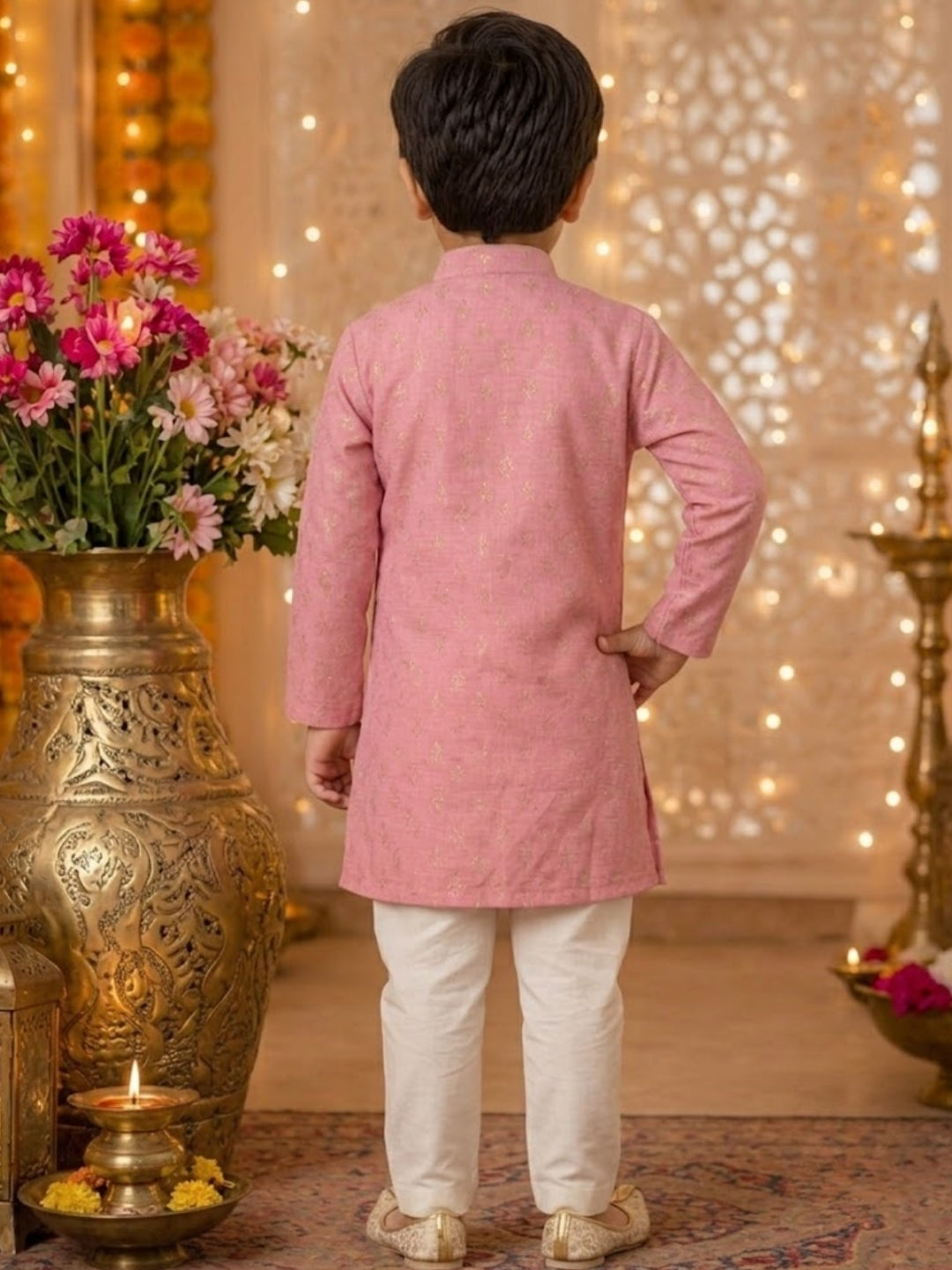 Boys Pink Asymmetric Kurta Pajama Set | Designer Ethnic Party Wear for Kids | Festive Wedding Traditional Outfit (1–8 Years)