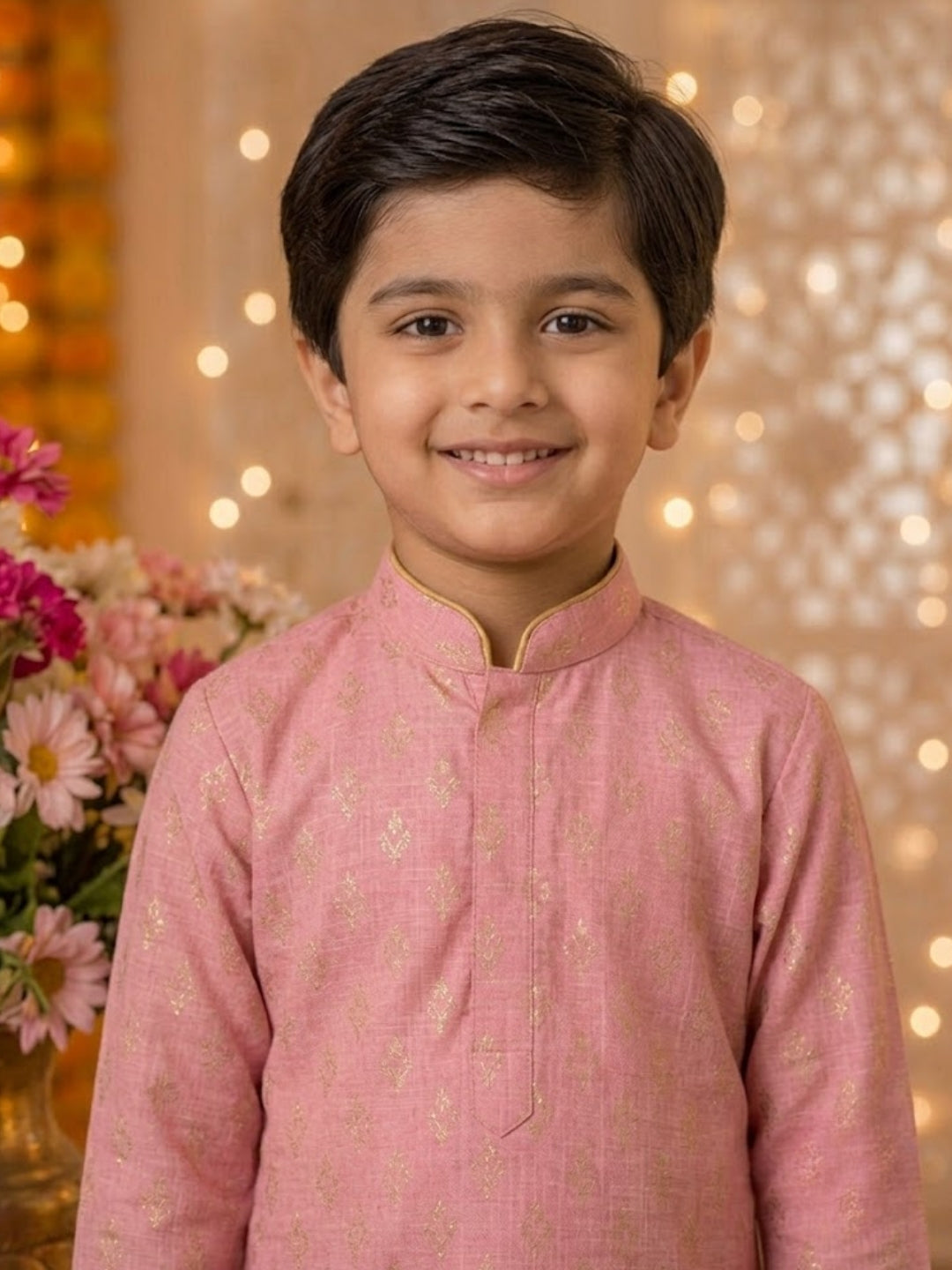 Boys Pink Asymmetric Kurta Pajama Set | Designer Ethnic Party Wear for Kids | Festive Wedding Traditional Outfit (1–8 Years)