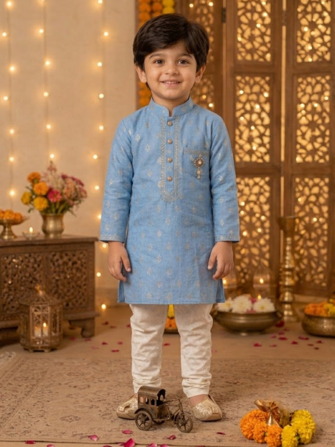 Boys Sky Blue Kurta Pajama Set | Designer Ethnic Party Wear for Kids | Festive Wedding Traditional Outfit (1–8 Years)