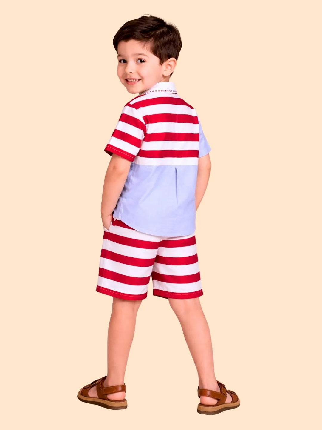 Boys Red & White Striped Co-ord Set | Half Sleeve Shirt & Shorts Summer Outfit (2-6 Years)
