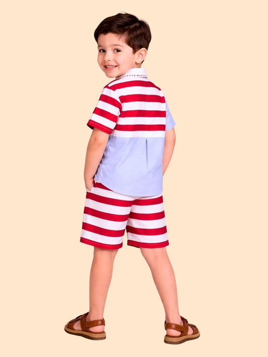 Boys Red & White Striped Co-ord Set | Half Sleeve Shirt & Shorts Summer Outfit (2-6 Years)