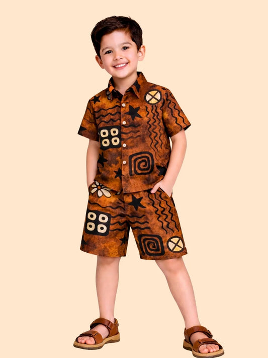 Boys Brown Abstract Printed Co-ord Set | Half Sleeve Shirt & Shorts Stylish Outfit (2-6 Years)