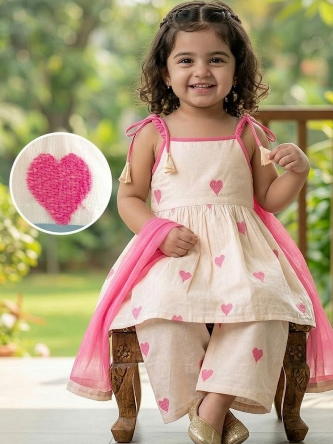 Girls Cream & Pink Heart Print Peplum Kurta with Palazzo & Dupatta Set | Designer Ethnic Party Wear for Baby Girls & Kids (1–8 Years)