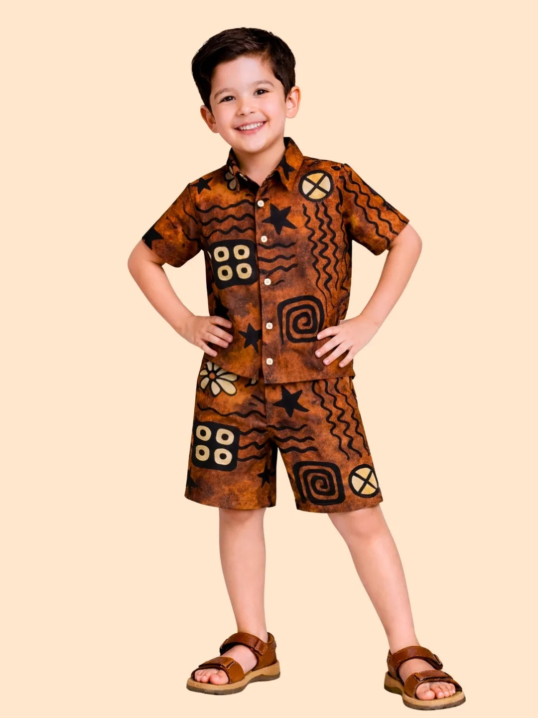 Boys Brown Abstract Printed Co-ord Set | Half Sleeve Shirt & Shorts Stylish Outfit (2-6 Years)