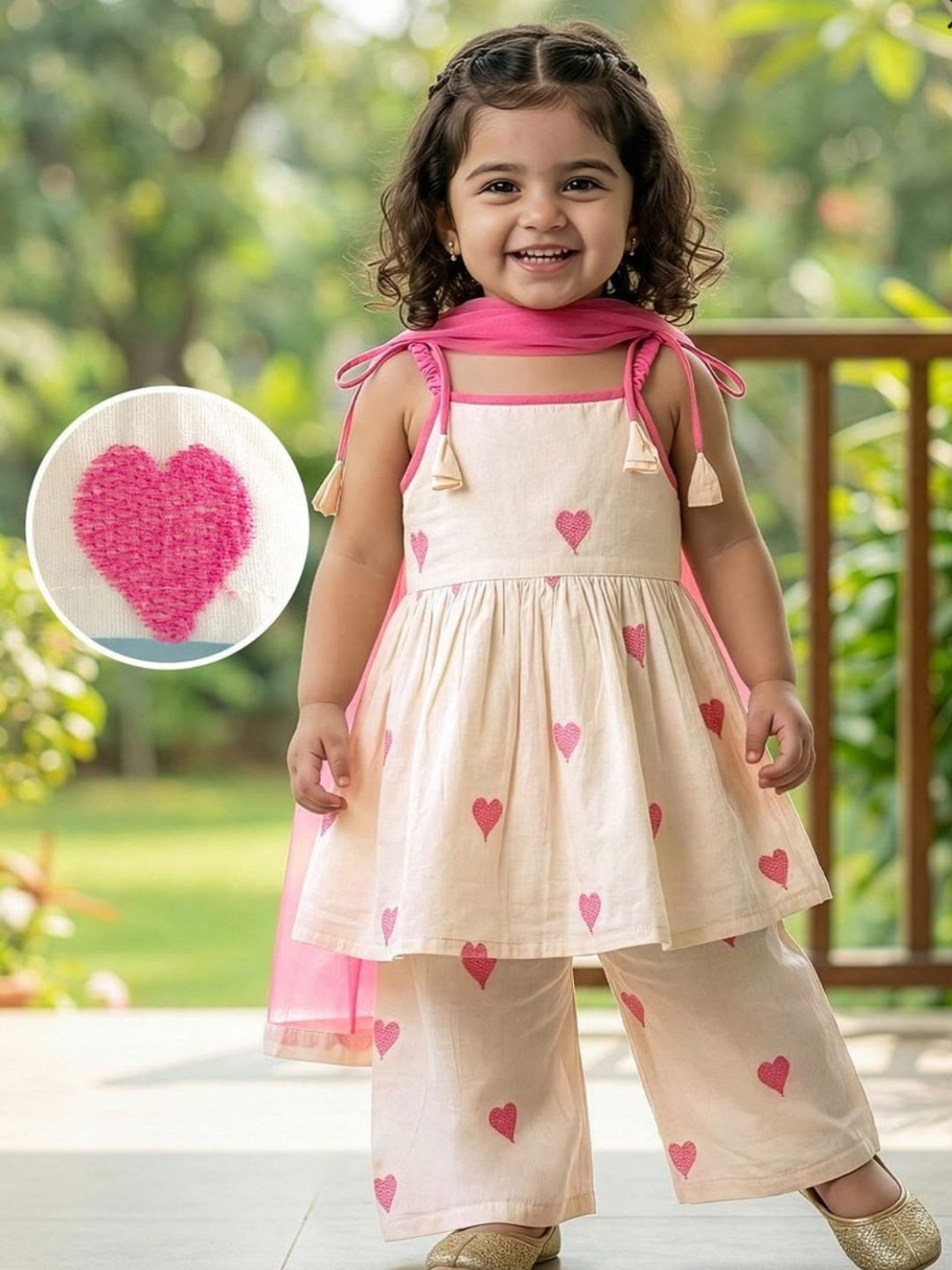Girls Cream & Pink Heart Print Peplum Kurta with Palazzo & Dupatta Set | Designer Ethnic Party Wear for Baby Girls & Kids (1–8 Years)