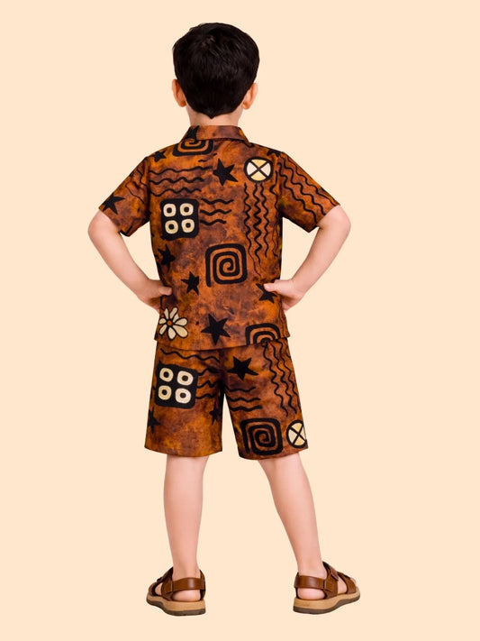 Boys Brown Abstract Printed Co-ord Set | Half Sleeve Shirt & Shorts Stylish Outfit (2-6 Years)