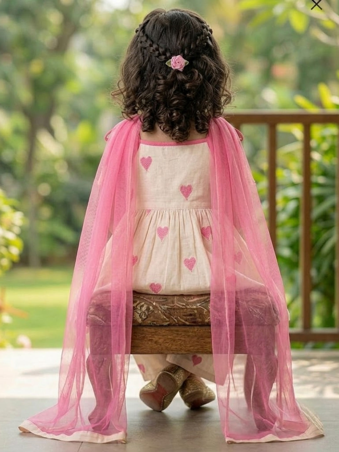 Girls Cream & Pink Heart Print Peplum Kurta with Palazzo & Dupatta Set | Designer Ethnic Party Wear for Baby Girls & Kids (1–8 Years)