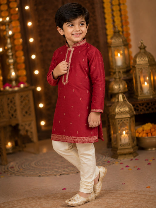 Boys Maroon Embroidered Kurta Pajama Set | Premium Festive Ethnic Wear for Kids | Wedding, Diwali & Party Outfit (1–8 Years)